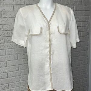 Tess Women White 100 % Linen Button Down Shirt With Tan Trim Size 6